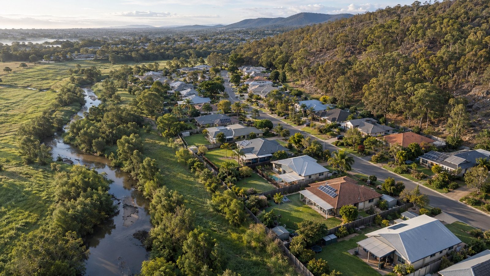 Aerial view of Queensland homes backing onto a winding creek flood plain with dry bushland rising nearby