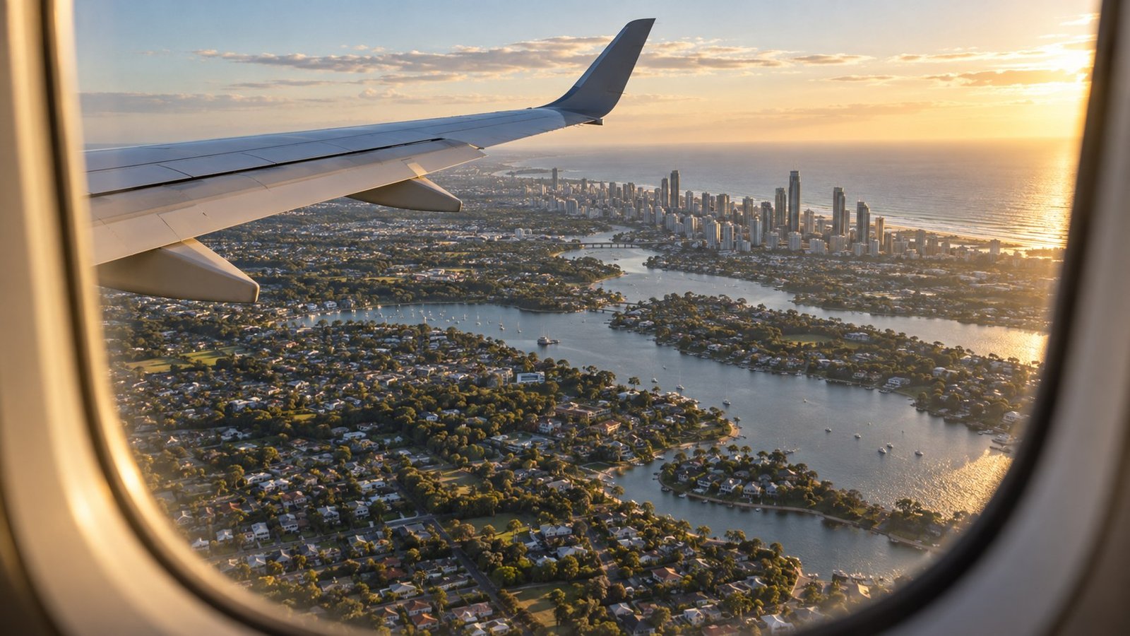 View past an airliner wing descending over sunlit Australian suburbs, river and distant city towers near the coast