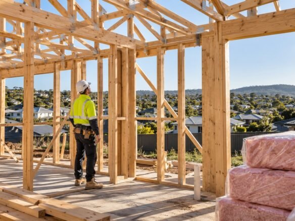Builder in high-vis reviewing fresh timber wall frames and roof trusses of a new energy-efficient Australian home
