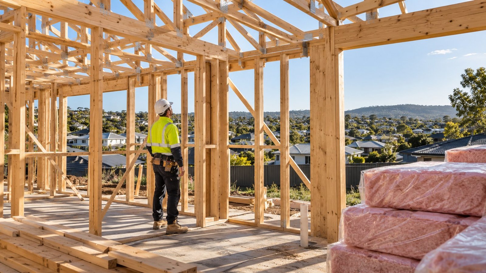 Builder in high-vis reviewing fresh timber wall frames and roof trusses of a new energy-efficient Australian home