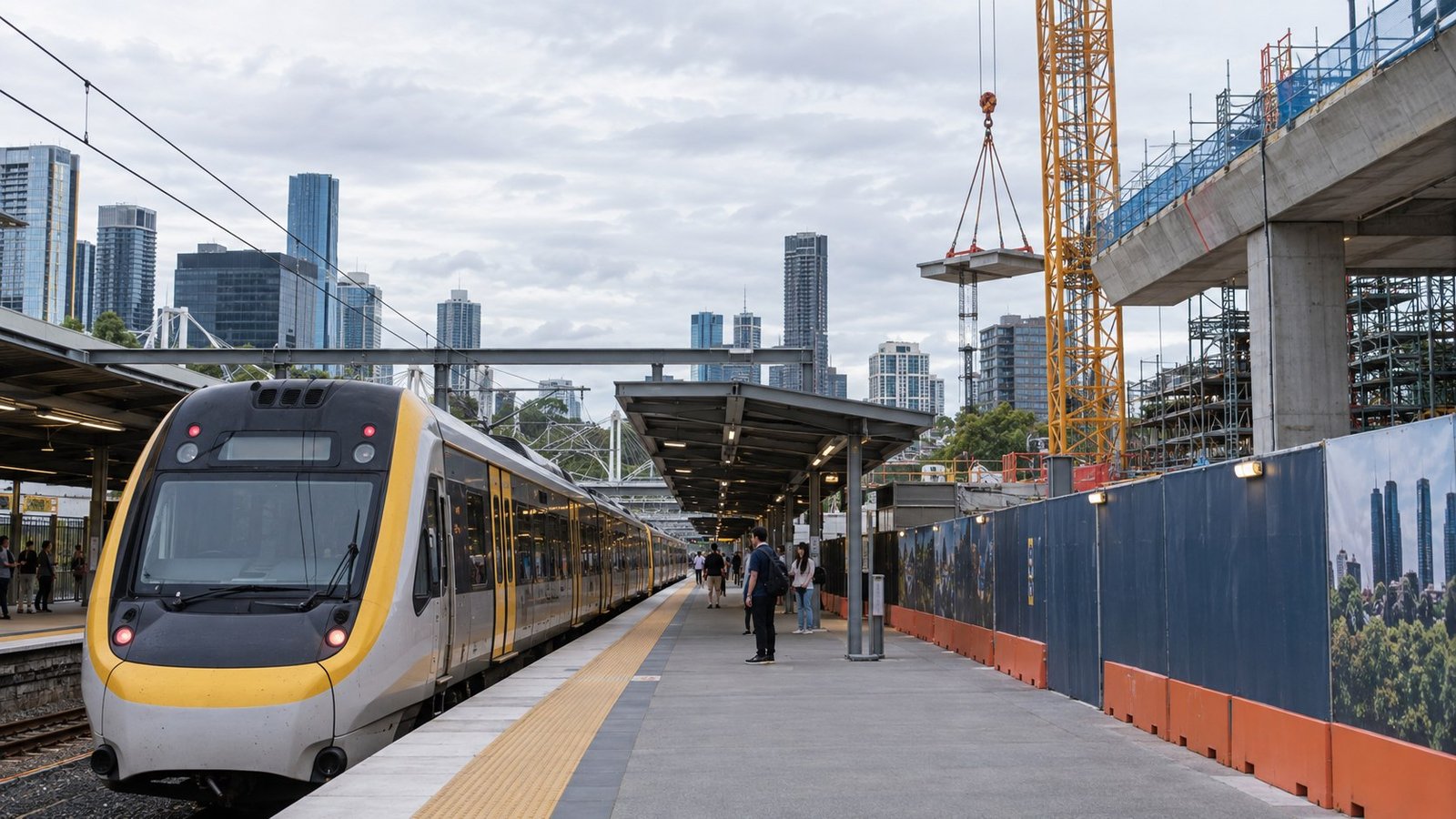 Commuter train at a Brisbane railway station platform beside construction hoarding and a crane during rail infrastructure works