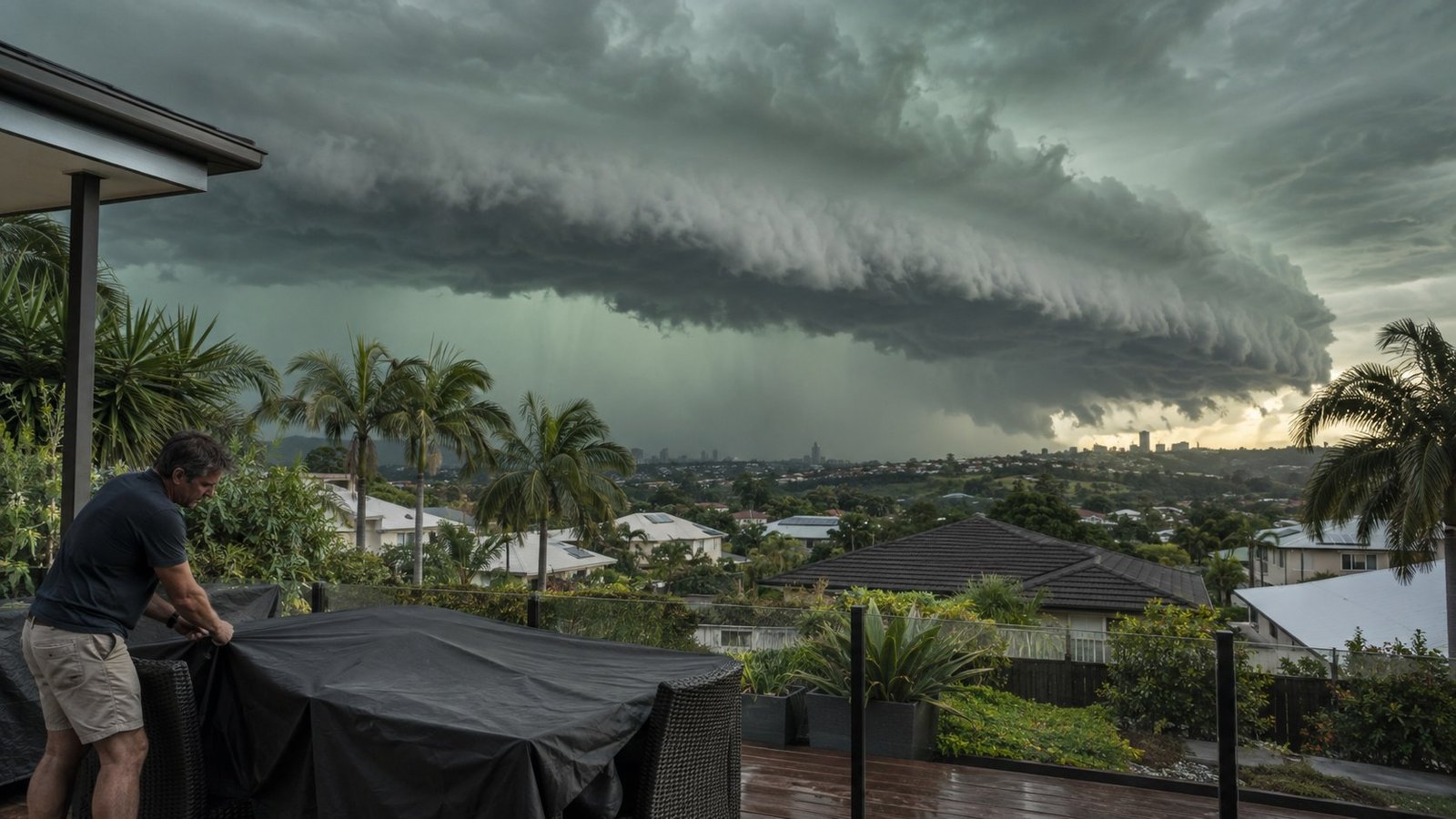 Dark storm front rolling over suburban rooftops while an adult secures patio furniture before the weather hits