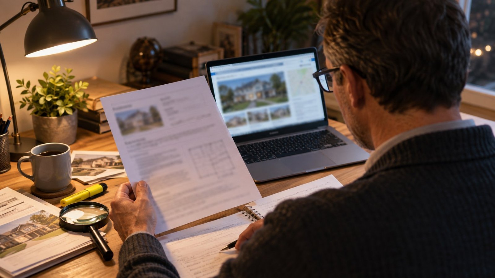 Adult at a home desk reviewing printed property documents with a laptop and magnifying glass