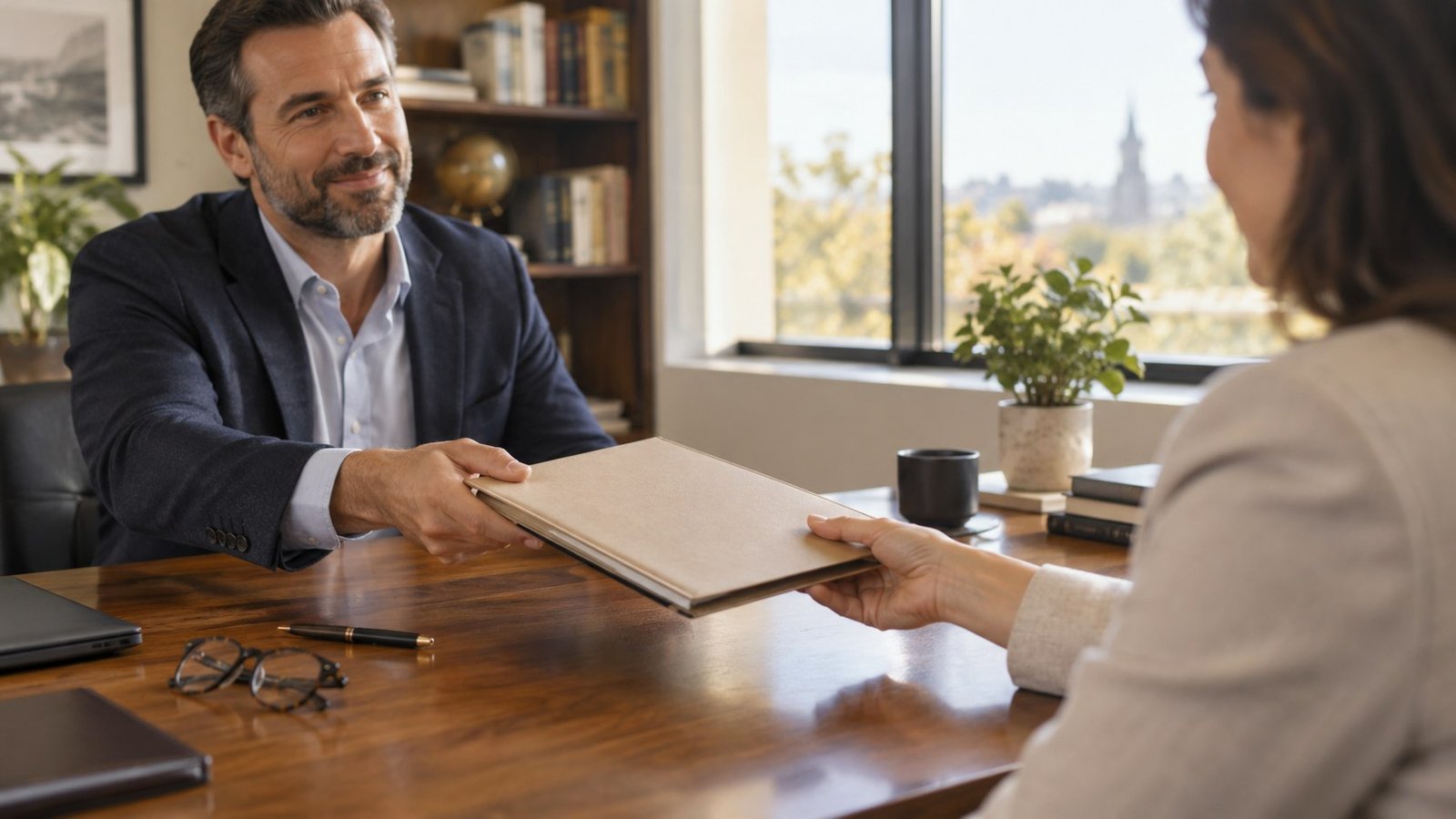 Adult sliding a thick closed document folder across a timber desk to another adult in a bright professional office