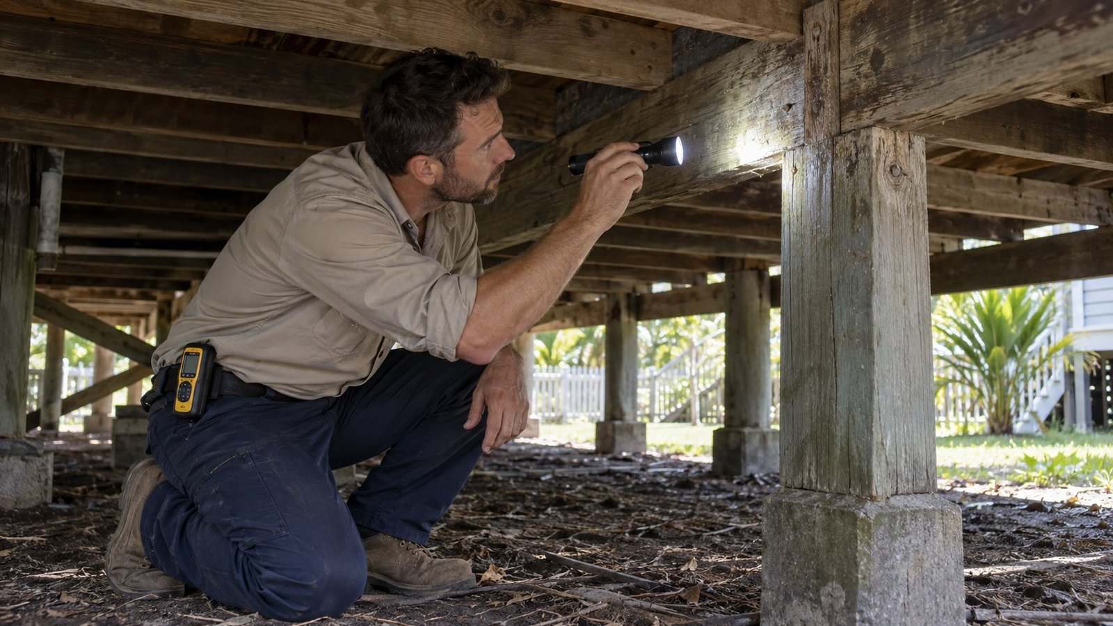 Inspector shining a torch along timber stumps and joists in the subfloor space beneath a raised Queenslander home
