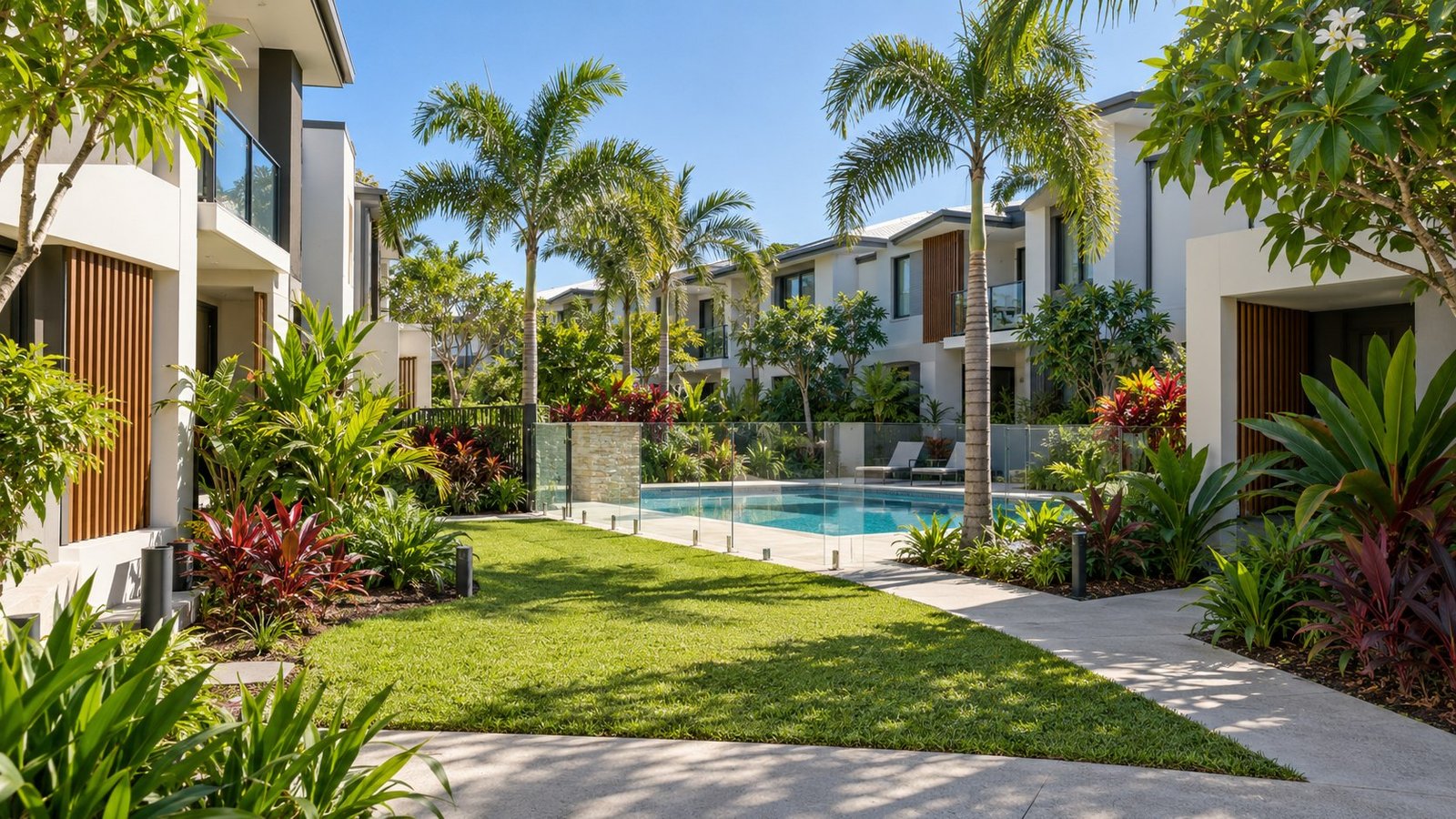 Modern two-storey townhouses around a shared landscaped courtyard with a communal pool and palm trees in Queensland