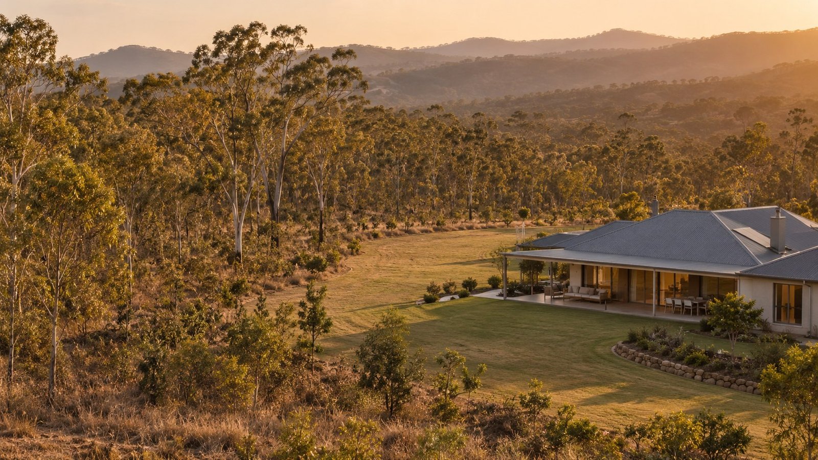 Modern Queensland home with a cleared grass buffer beside dense dry eucalyptus bushland in golden afternoon light