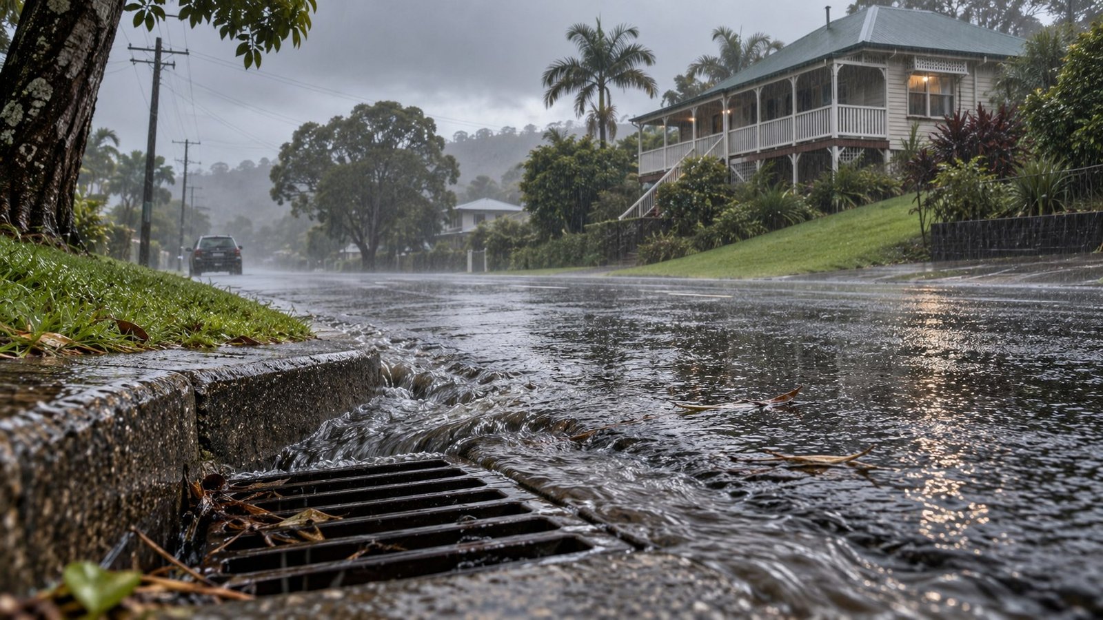 Stormwater flowing along a kerb into a street drain during heavy rain in front of a raised Queenslander home