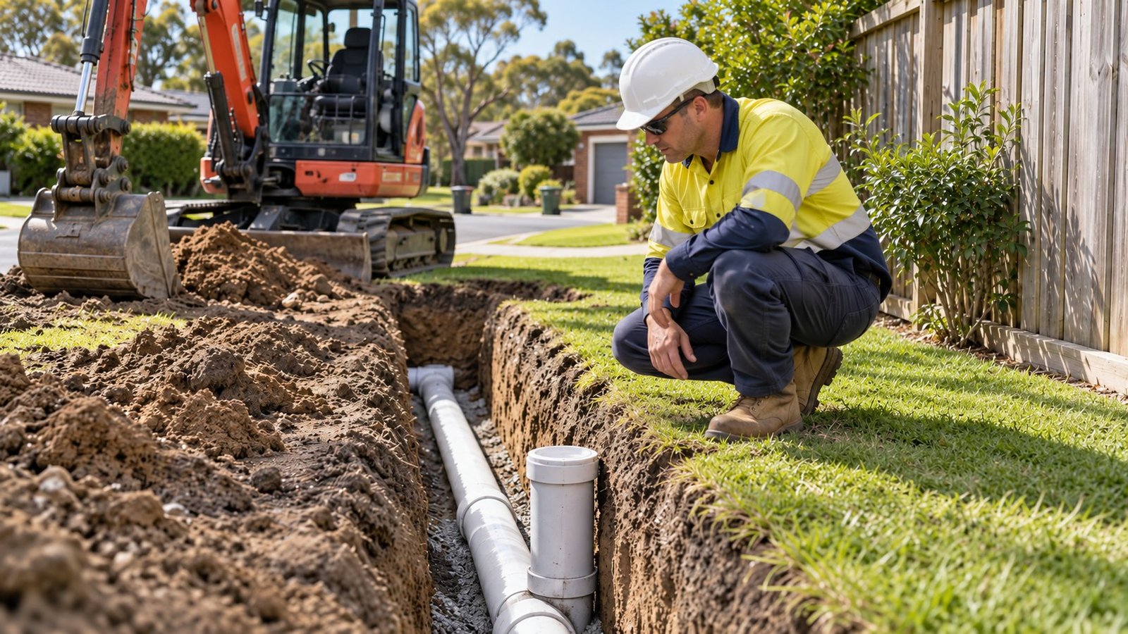 Worker in high-vis inspecting a shallow trench with new PVC sewer pipes beside a lawn and timber fence