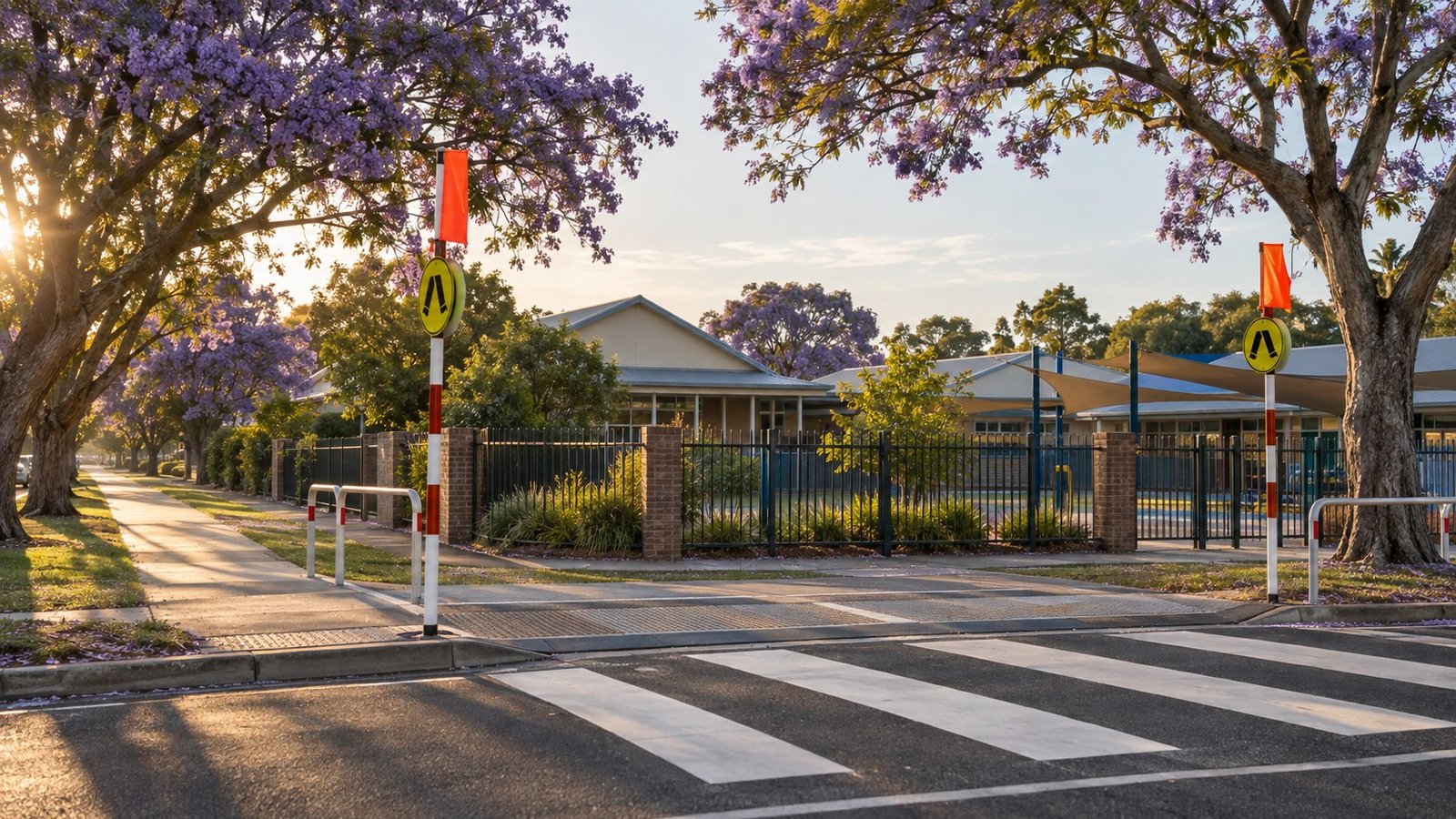 Empty school crossing and low school buildings behind a neat fence on a leafy suburban street in early morning light