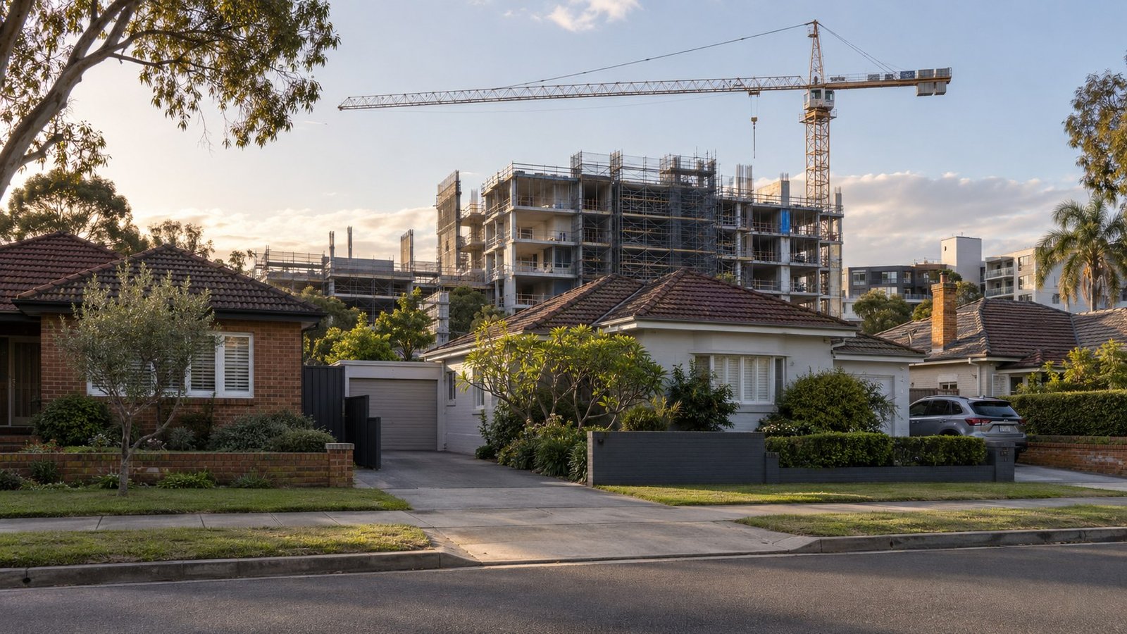 Tower crane and partially built mid-rise development rising directly behind established suburban houses