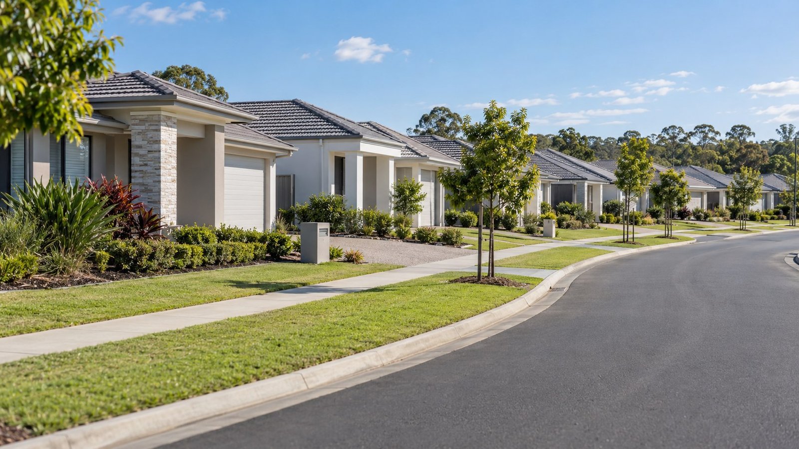 Row of new estate homes with matching facades, rooflines and front landscaping along a curved suburban street