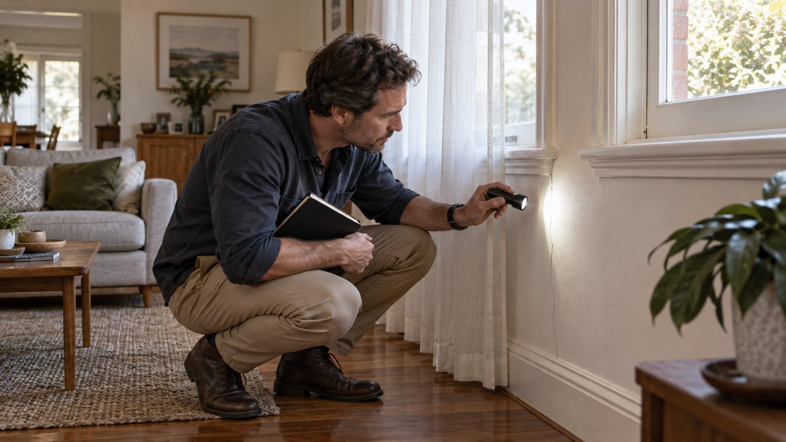 Adult with a torch closely examining a wall inside a home while checking a property question