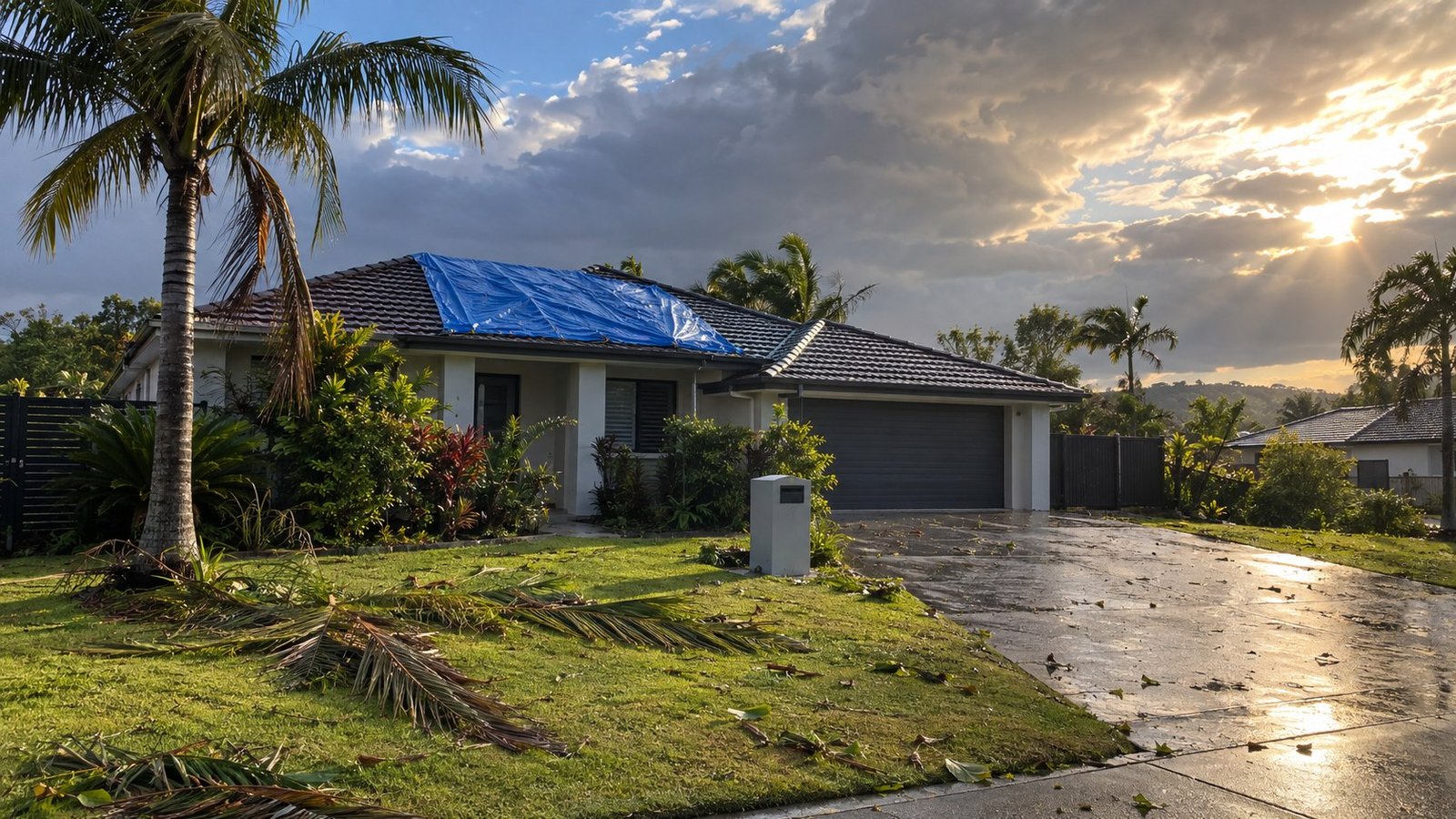 Suburban Queensland house with a blue tarpaulin secured over part of its roof and scattered palm fronds after a storm