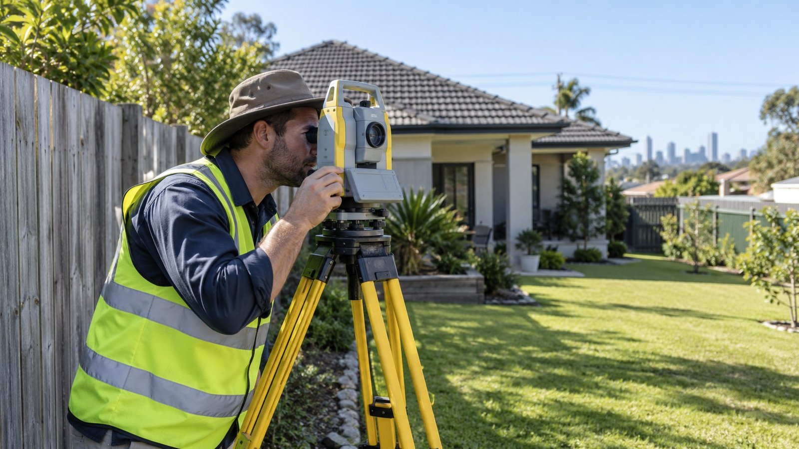 Surveyor in a high-vis vest using a total station on a tripod near the timber boundary fence of a suburban home