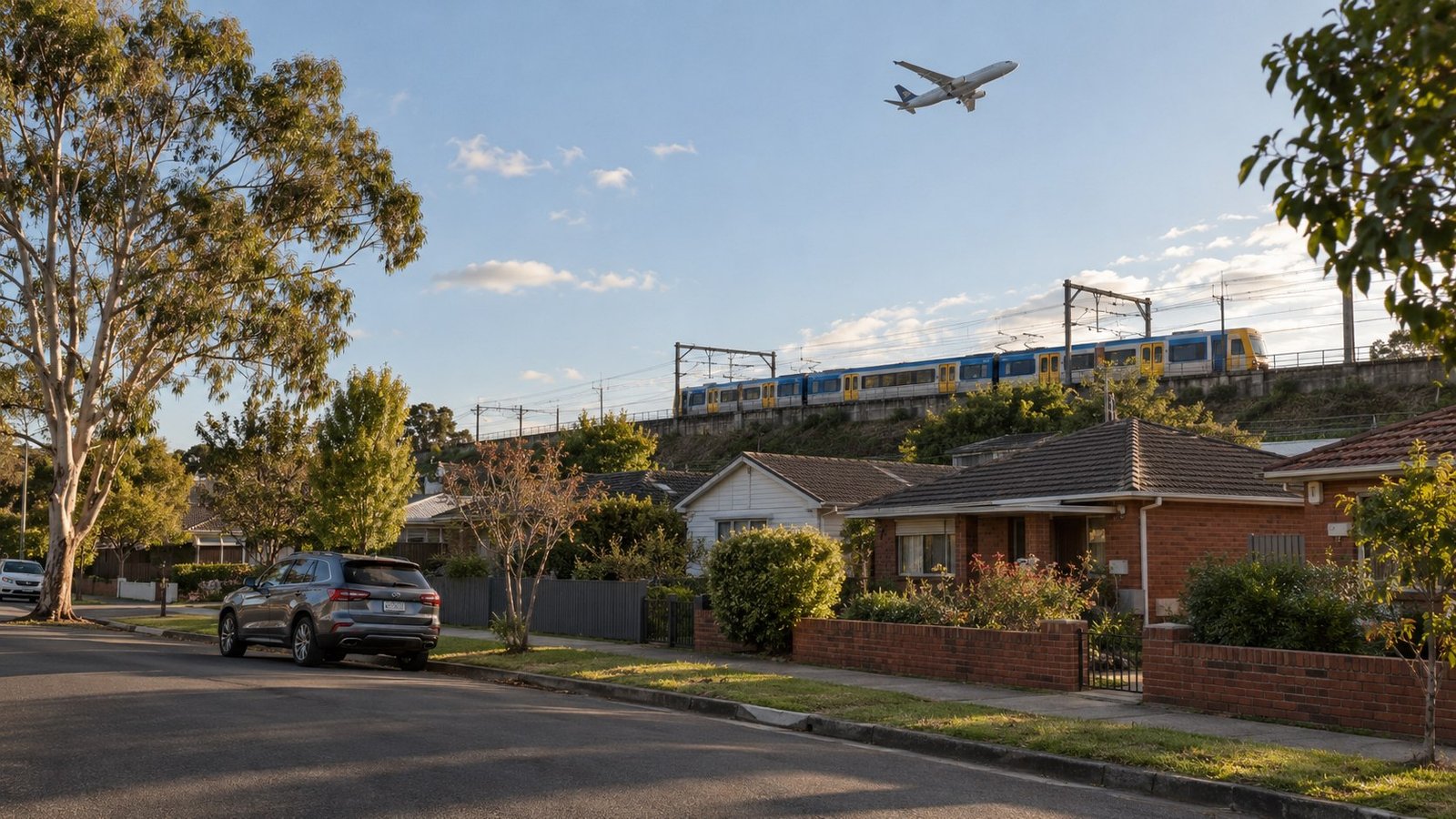 Suburban homes beside an elevated railway line with a passing commuter train and a passenger jet high overhead