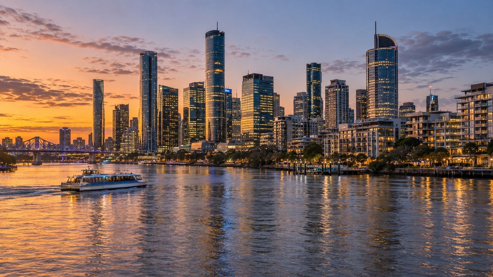 Brisbane CBD towers reflected across the Brisbane River at dusk with a ferry crossing the water