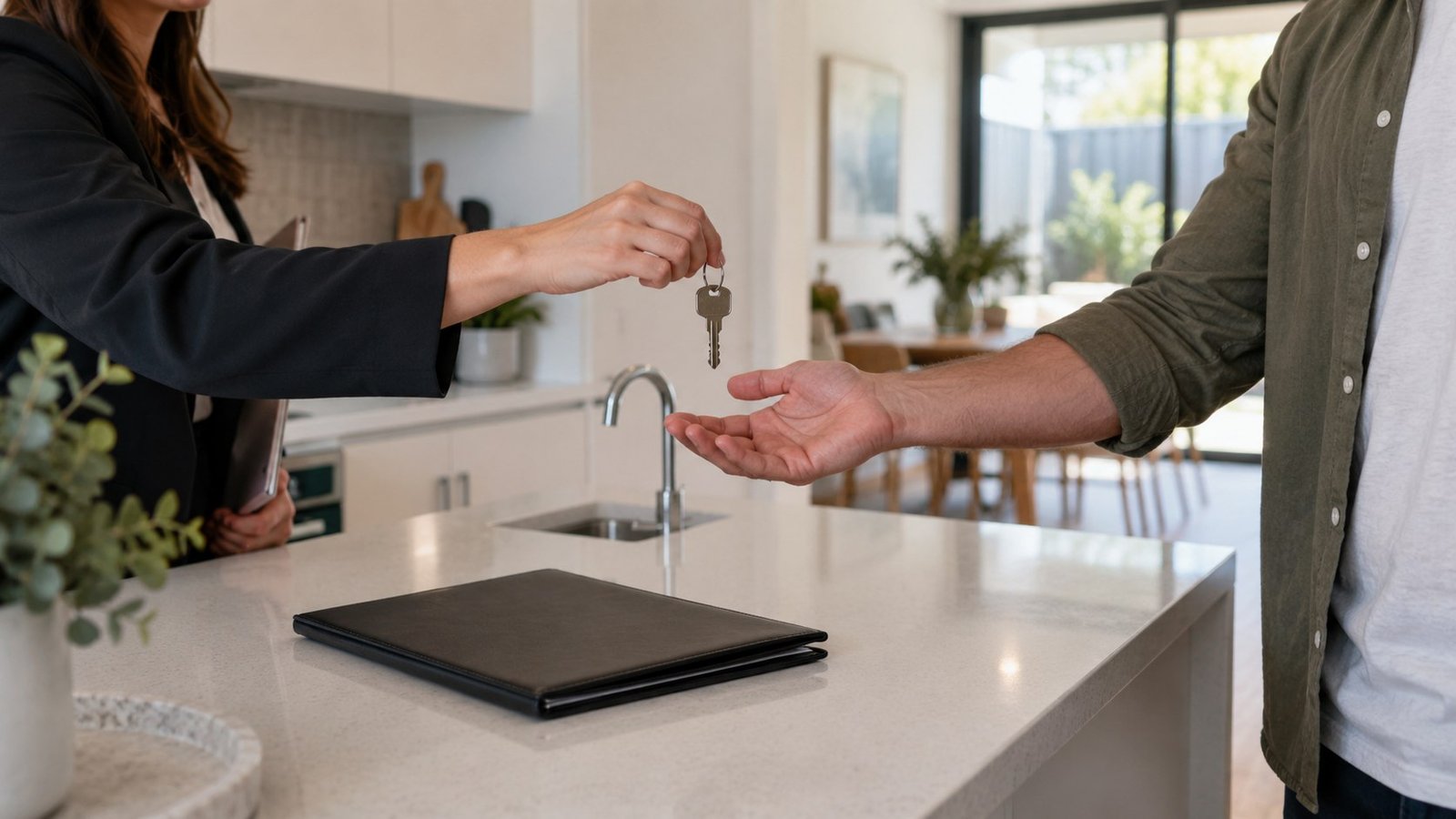 Agent passing a house key across a kitchen bench to another adult in a tidy modern townhouse interior