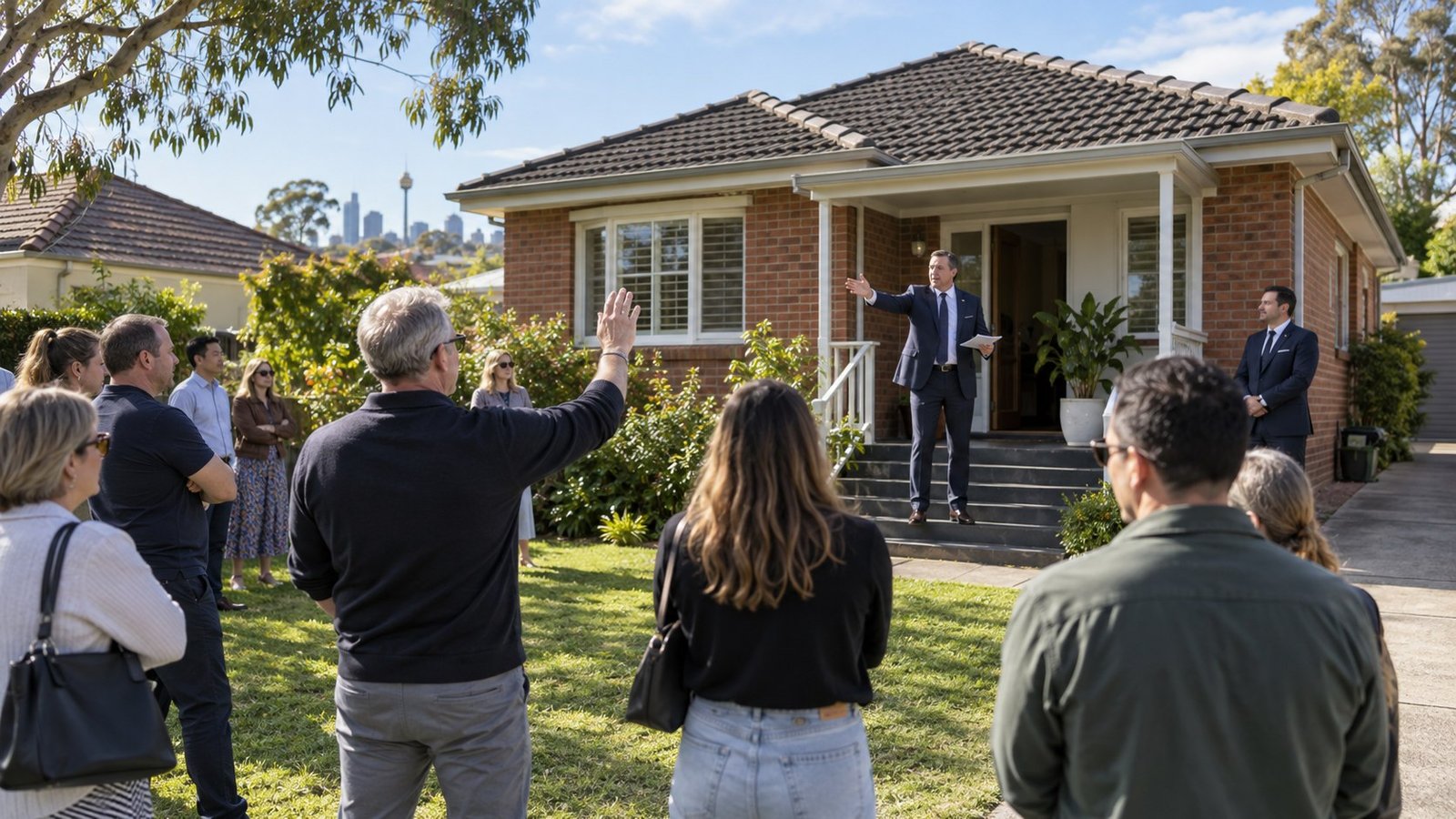 Auctioneer calling bids to a small crowd gathered on the front lawn of a suburban brick home on a Saturday morning