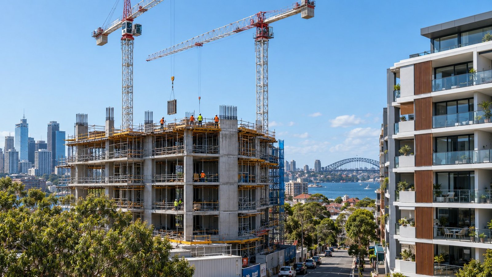 Tower cranes above a mid-rise apartment building under construction beside a completed modern apartment block