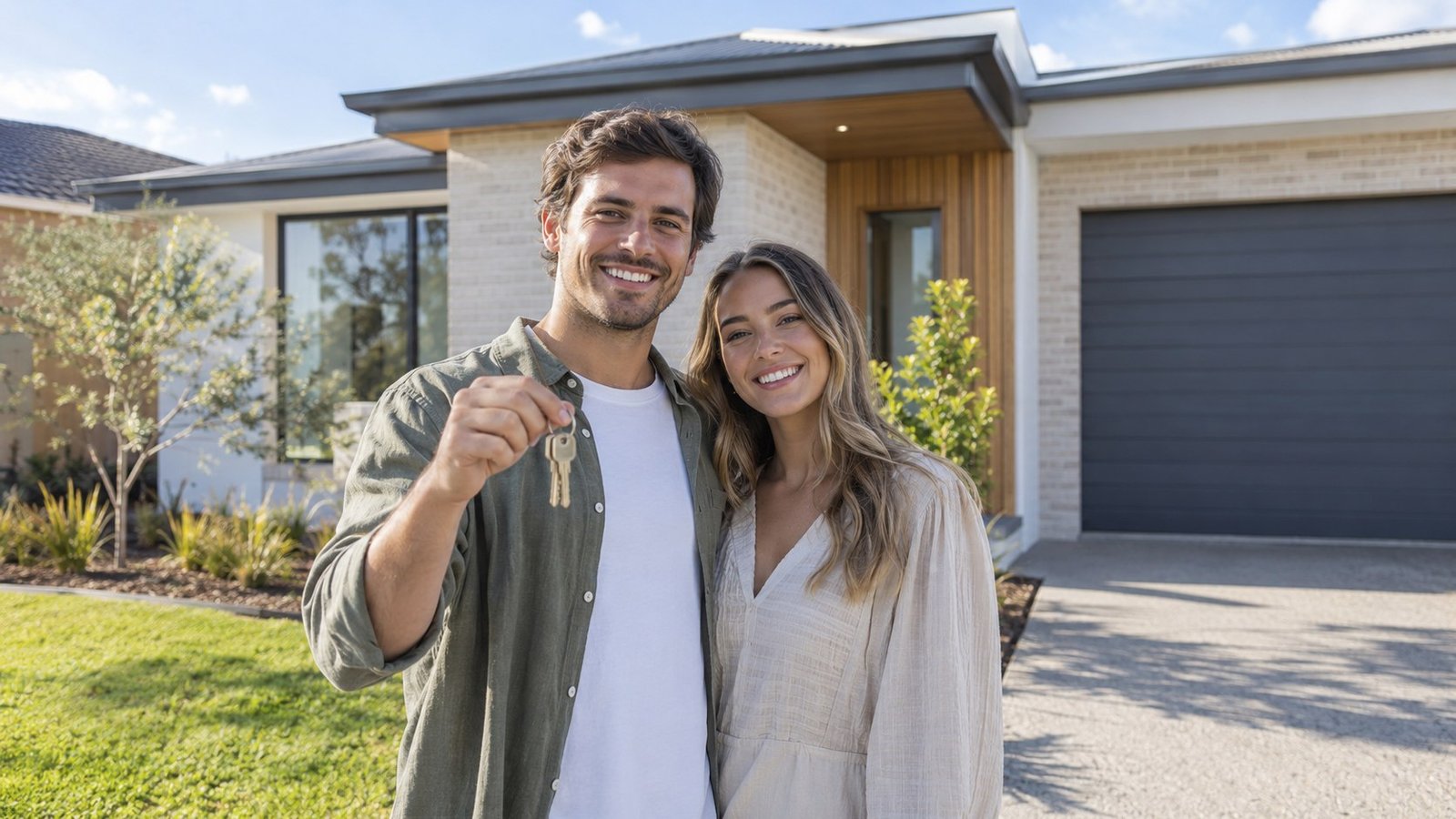 Young couple holding keys in front of their brand-new single-storey home with contemporary facade and fresh landscaping