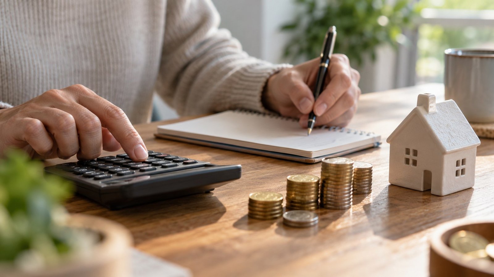 Close-up of hands with a calculator, stacks of coins, a small house model and notebook while budgeting for a home purchase
