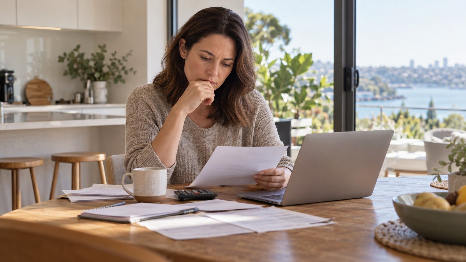 Adult at a kitchen table reviewing mortgage paperwork with a laptop and calculator in soft natural light