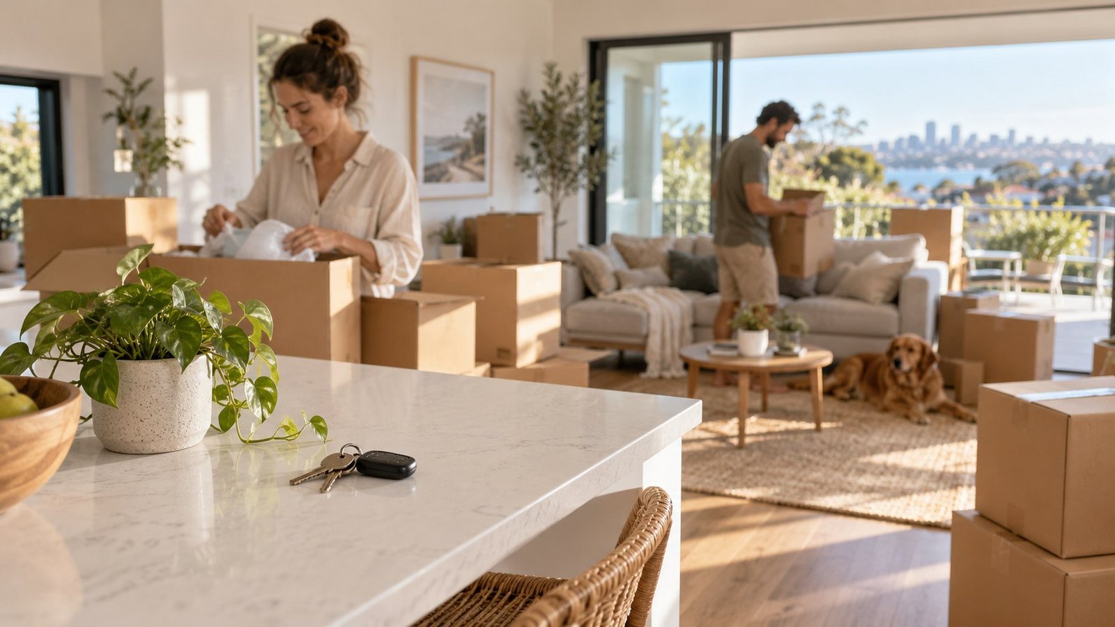 Bright living room on moving-in day with stacked boxes, adults unpacking and house keys on the kitchen bench