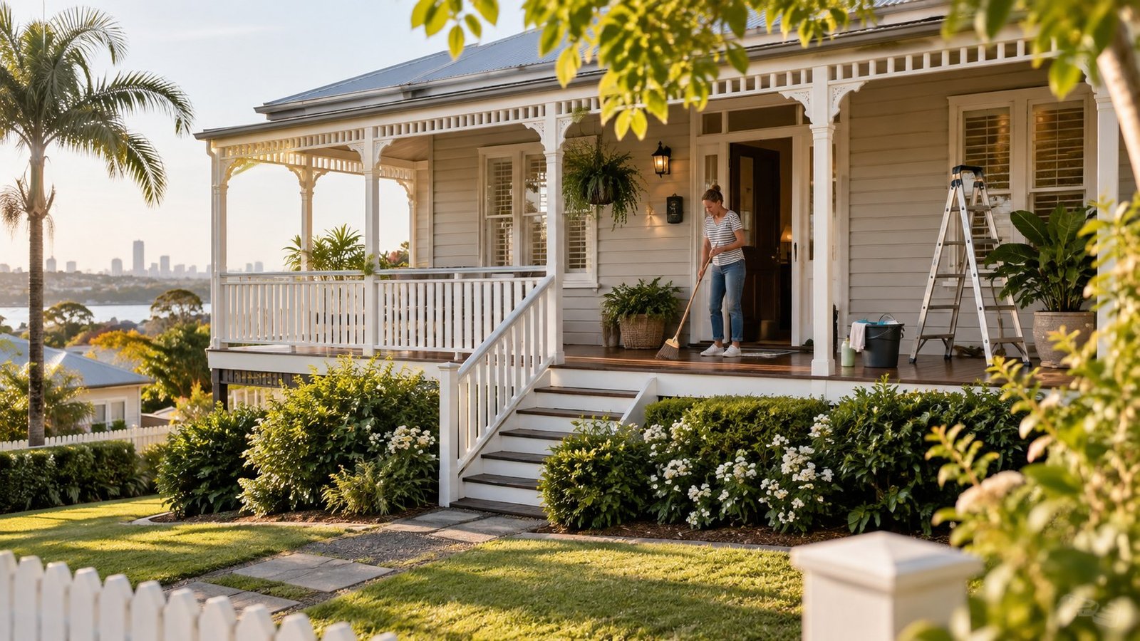 Homeowner sweeping the front veranda of a classic Queensland timber home prepared for sale, with a tidy garden in warm morning light