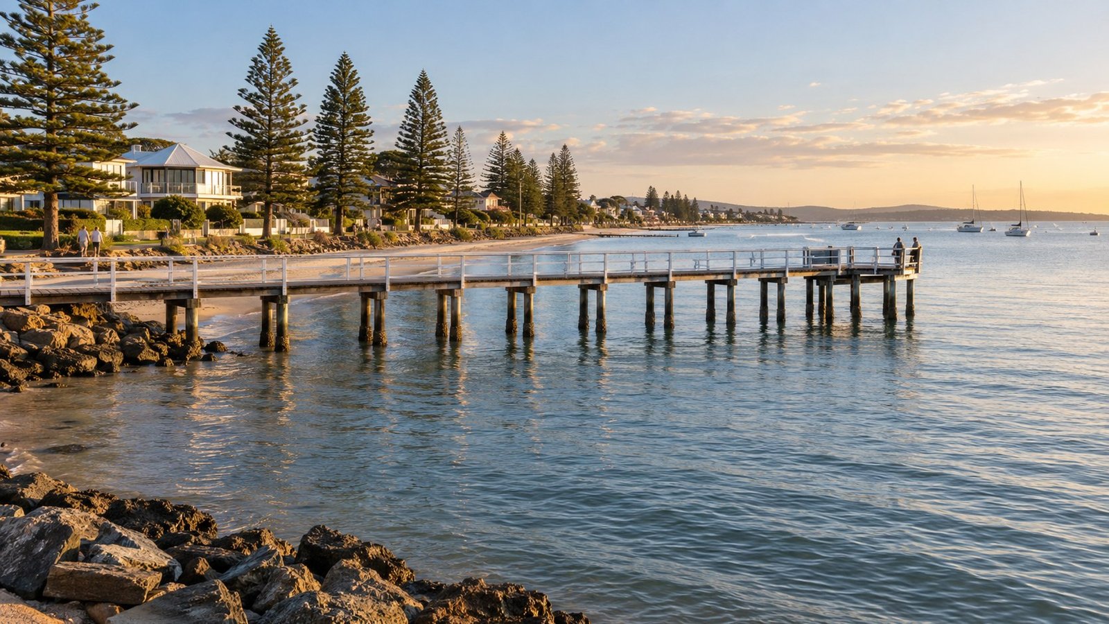 Timber jetty stretching into calm bay water along a Moreton Bay foreshore with homes and Norfolk pines at golden hour