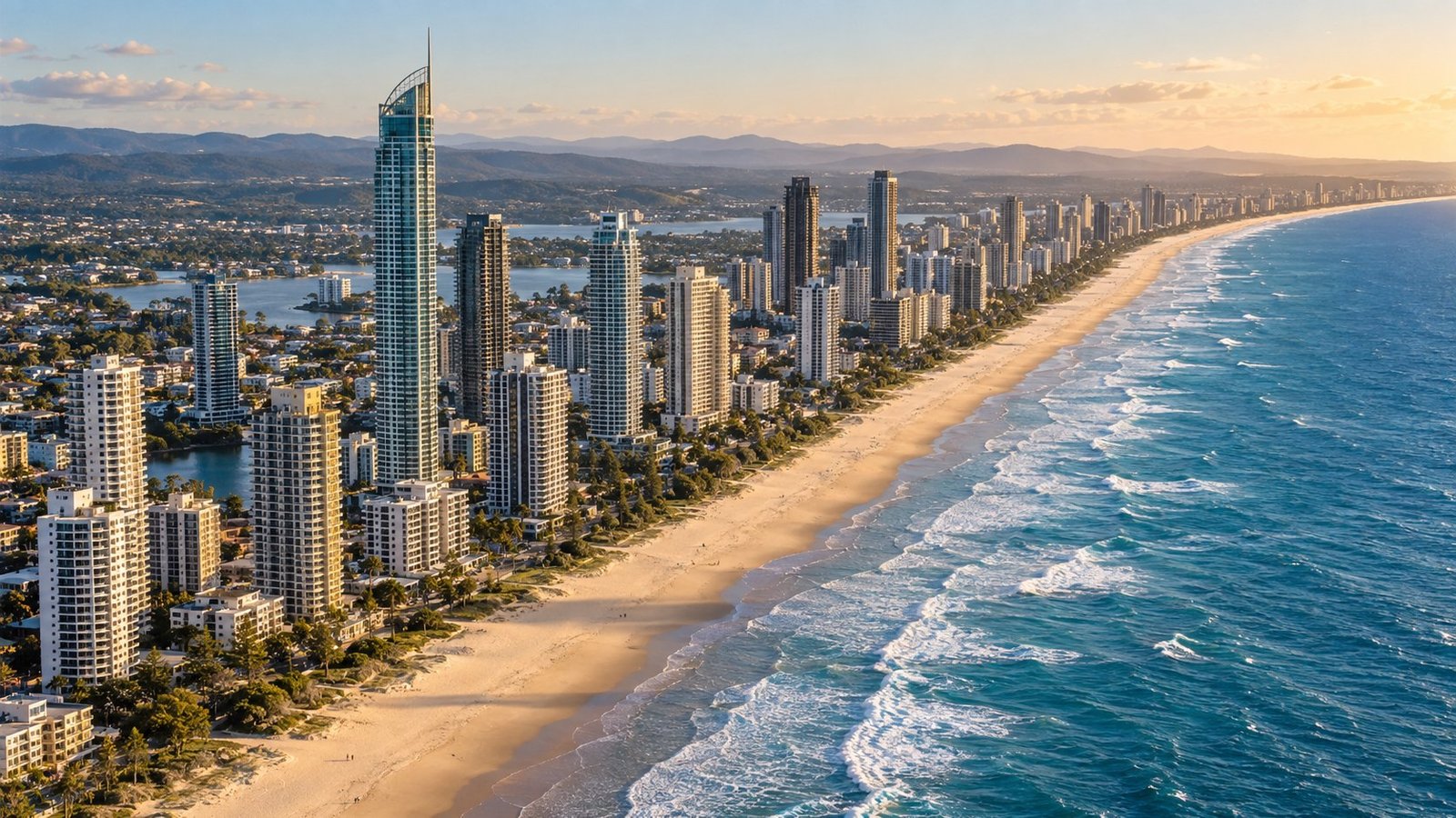 Aerial view of Gold Coast high-rise towers along the golden beach curving into the distance with green hinterland hills behind