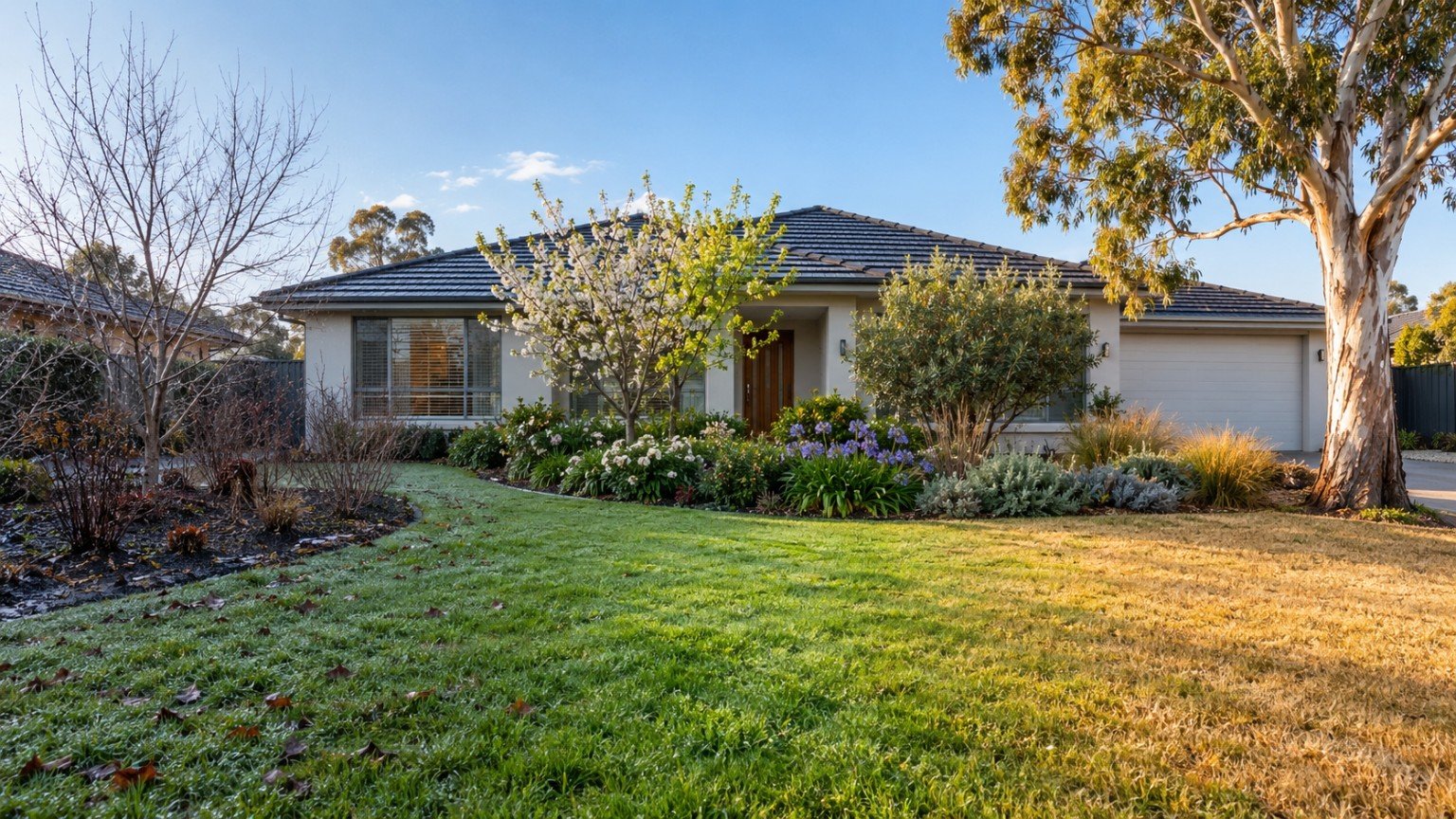 Australian garden and home exterior across changing seasonal conditions