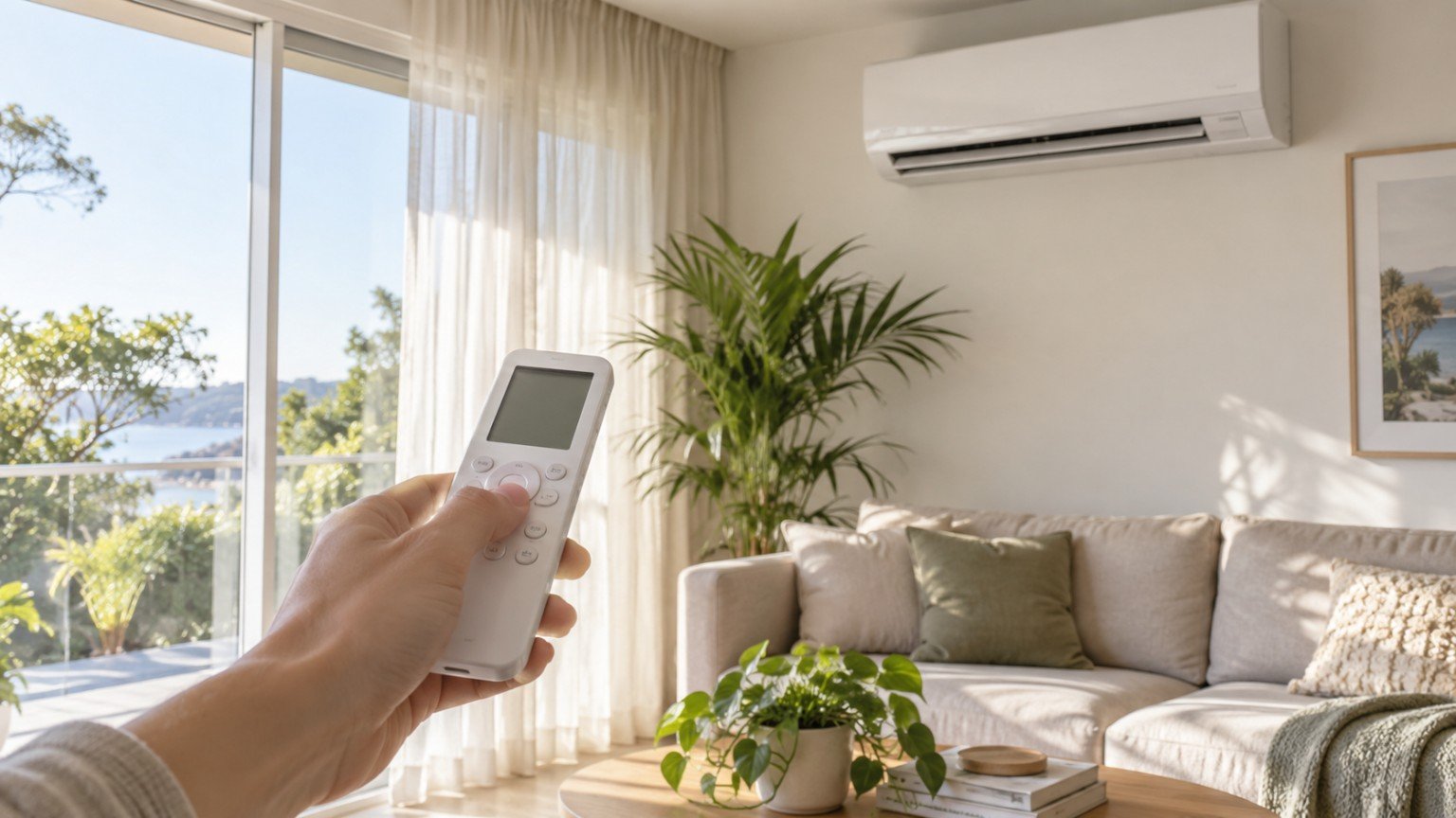 Wall mounted split system air conditioner with a remote control in hand