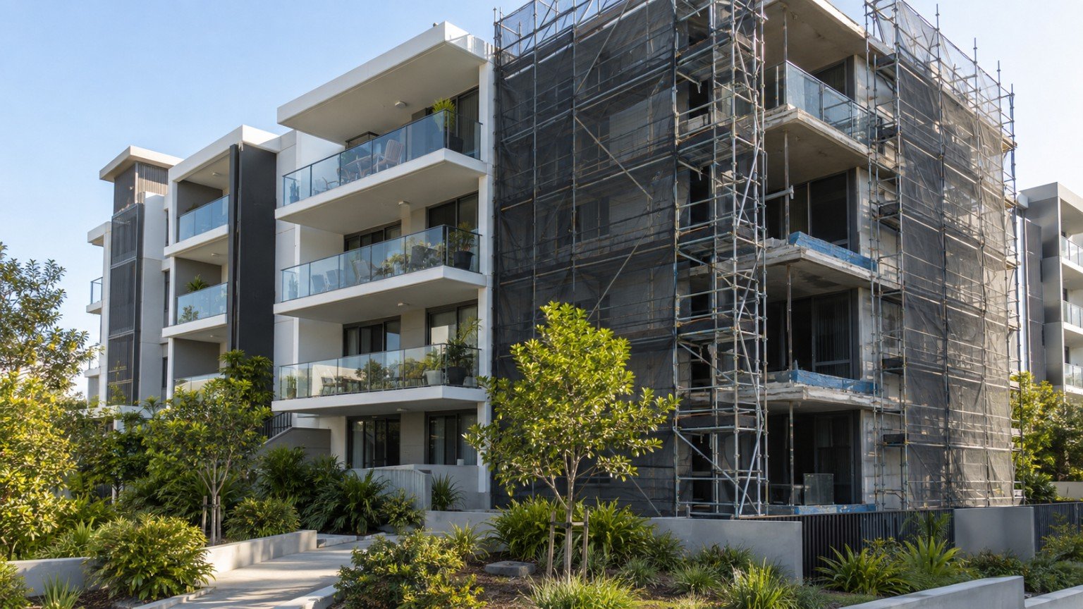 Contemporary apartment building exterior with scaffolding and remedial works underway