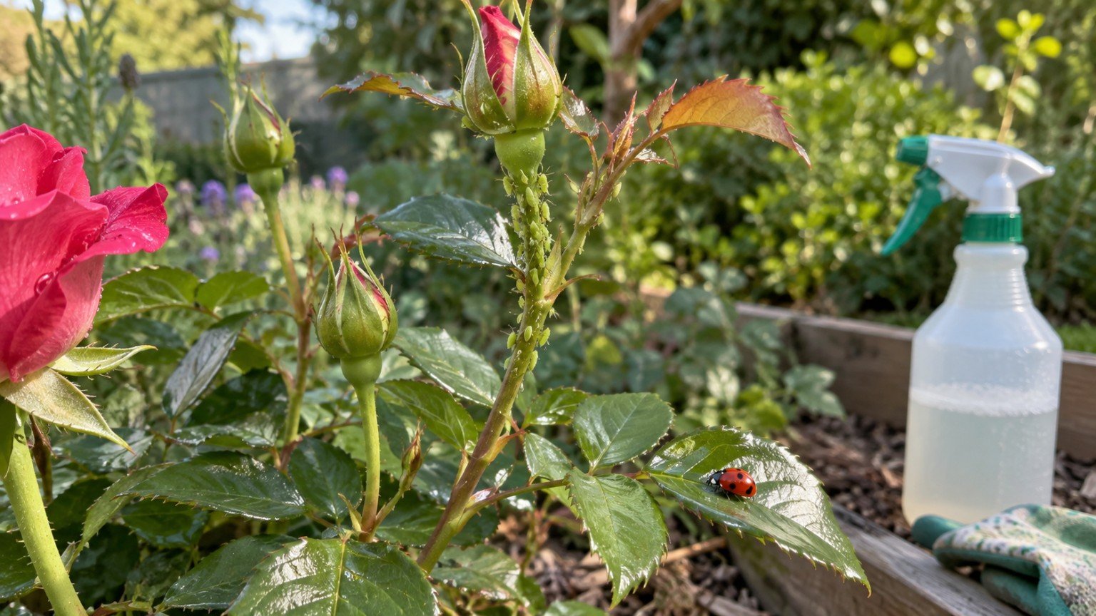 Rose buds in a garden with a ladybird and a spray bottle of soapy water