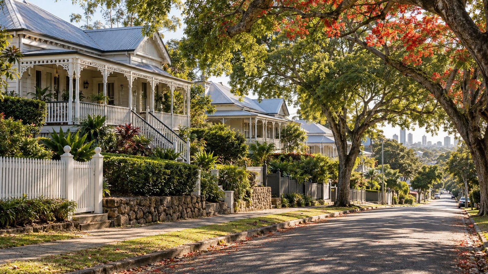Established Queenslander homes on a leafy hilly street in inner-west Brisbane