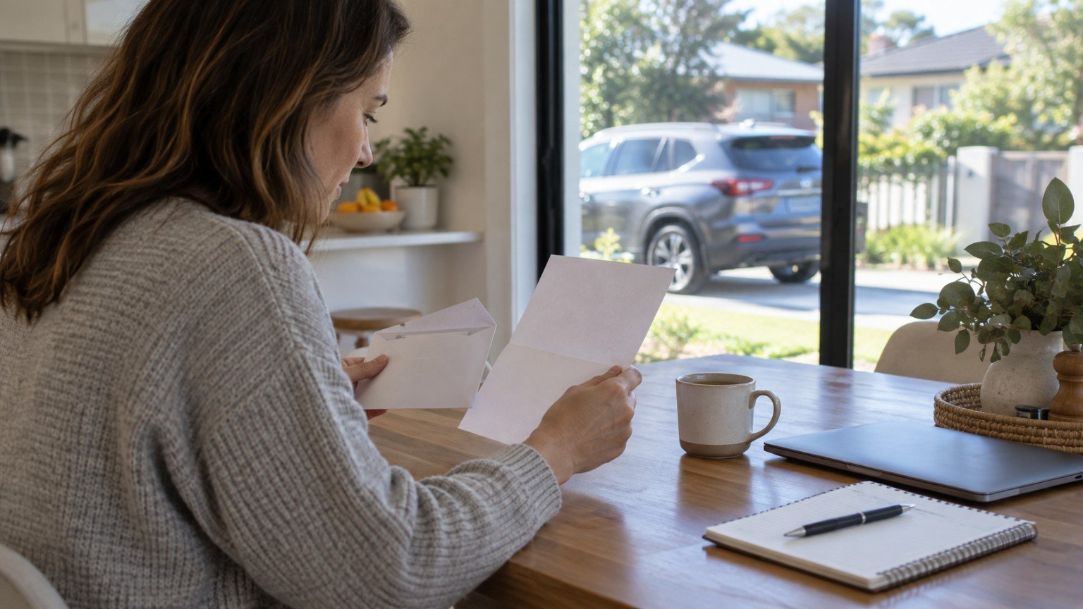 Person reviewing an insurance renewal at a kitchen table with a car parked outside
