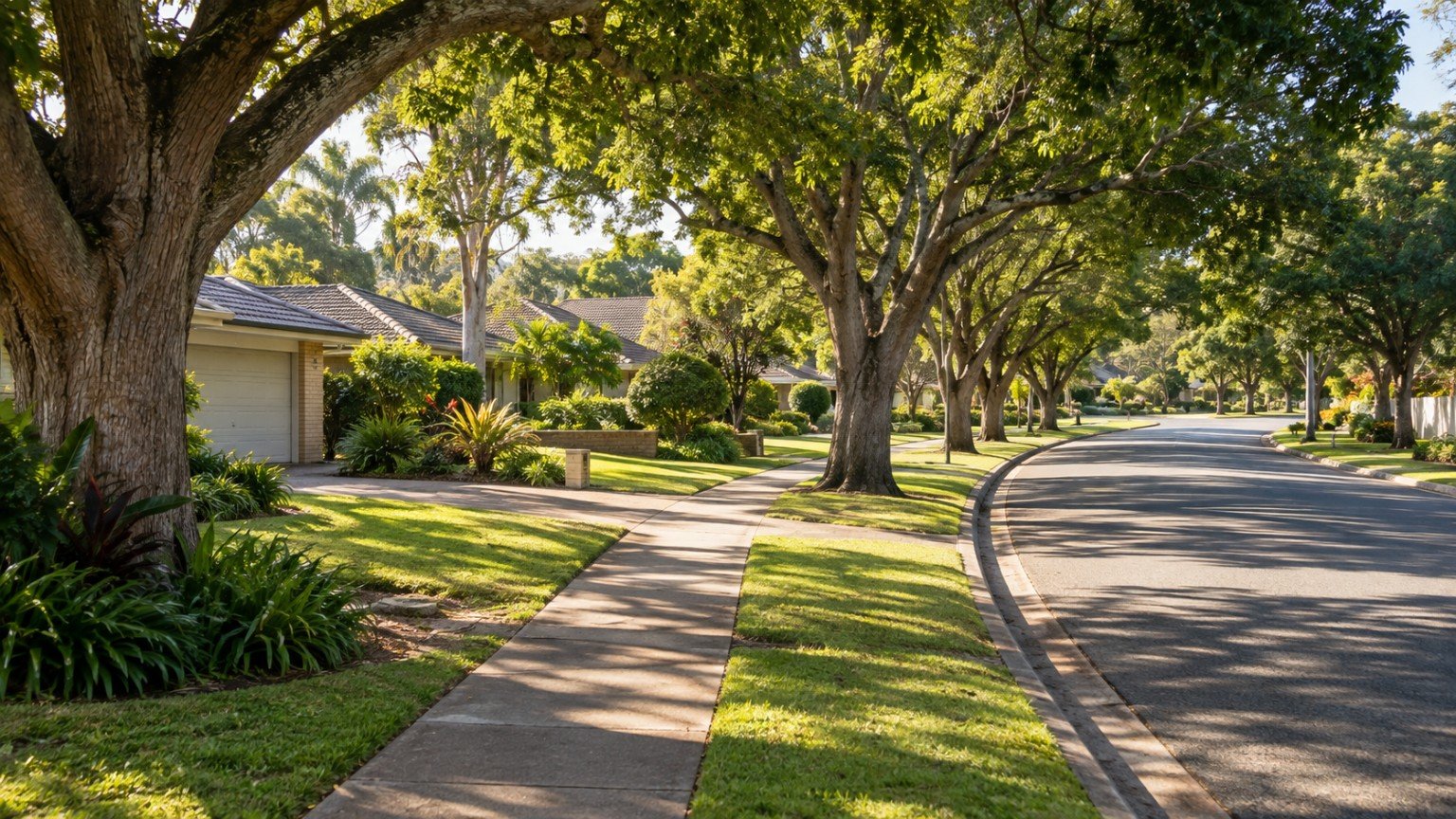 Established northern Brisbane family street with brick homes, wide verges and mature shade trees