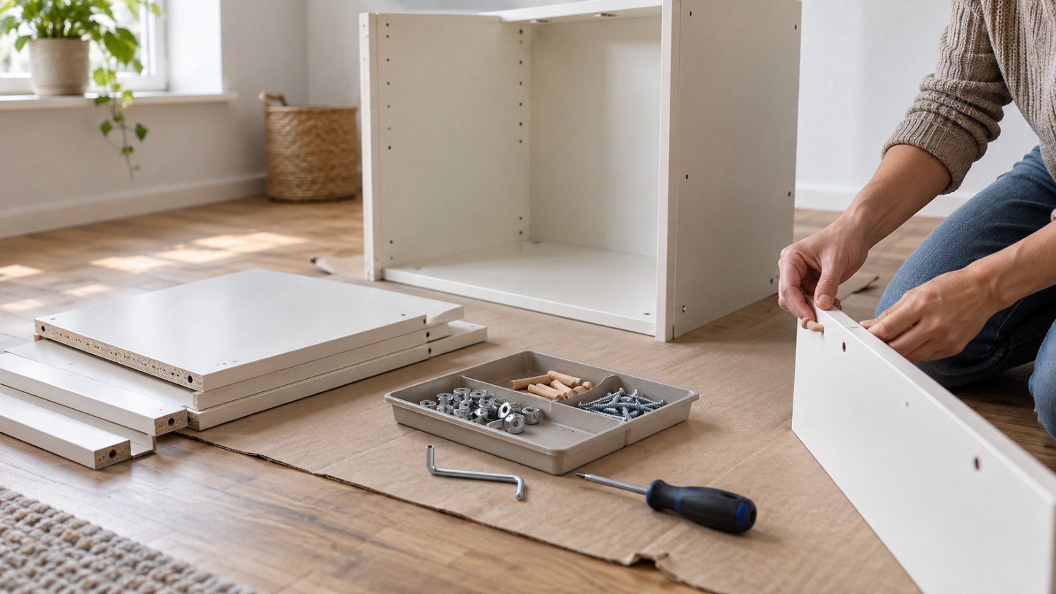 Flat-pack furniture parts, allen key and a partly assembled cabinet