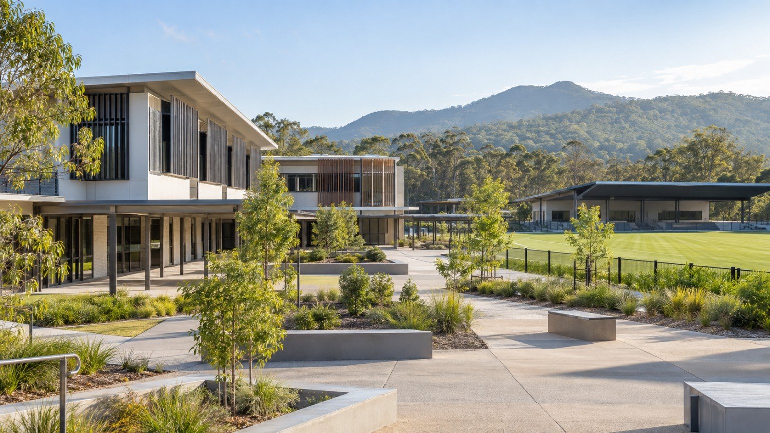 Modern school campus with landscaped forecourt and covered walkways in a master-planned Ipswich community