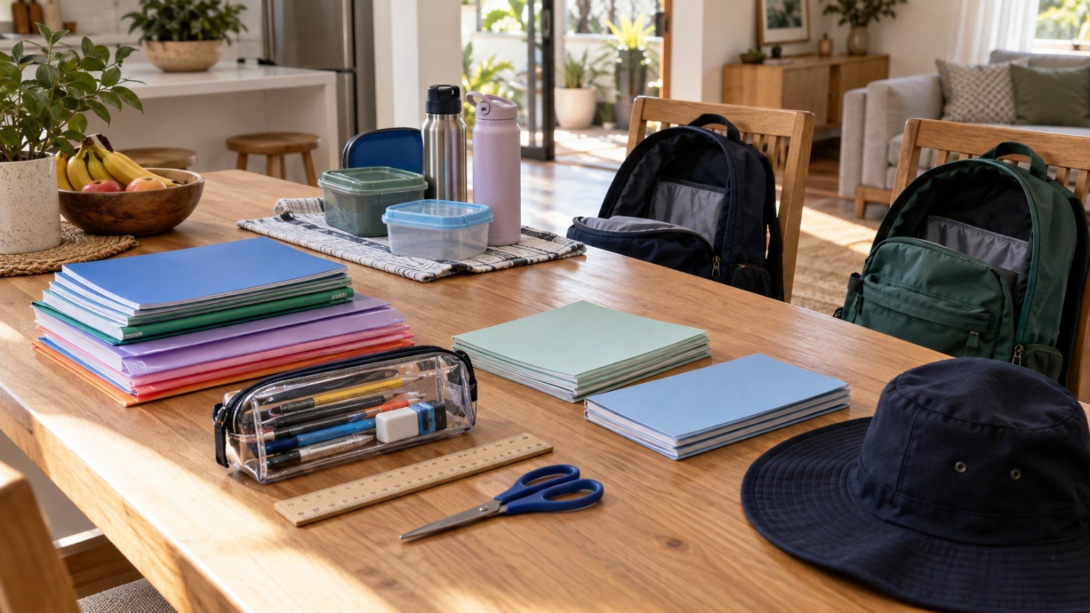 Back-to-school supplies and bags organised at home