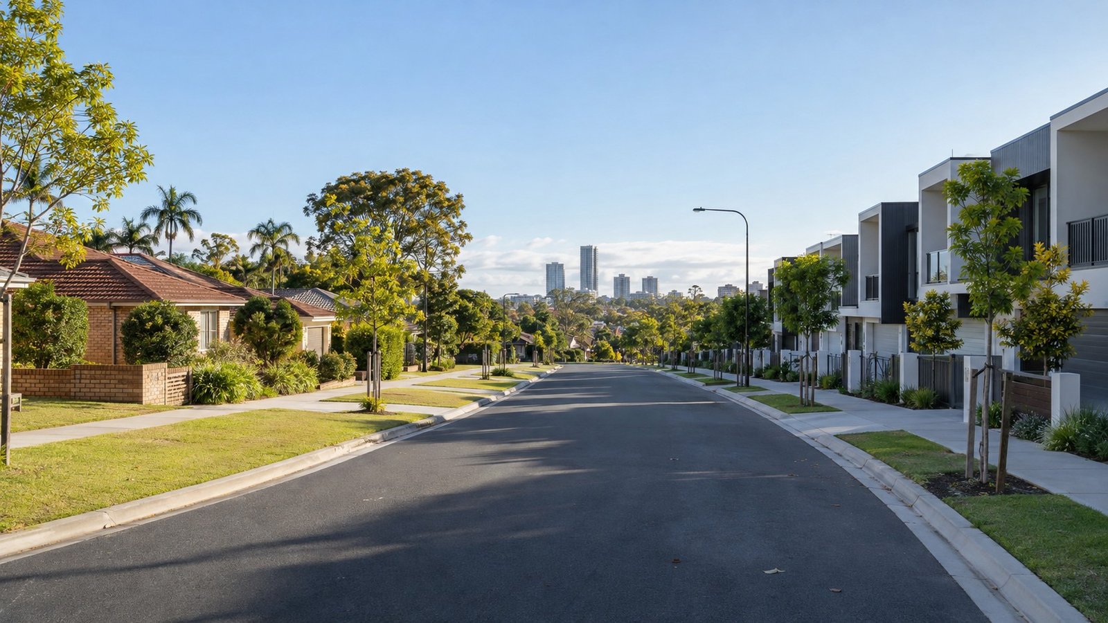 Mix of established homes and new townhouse development on a South East Queensland town centre fringe