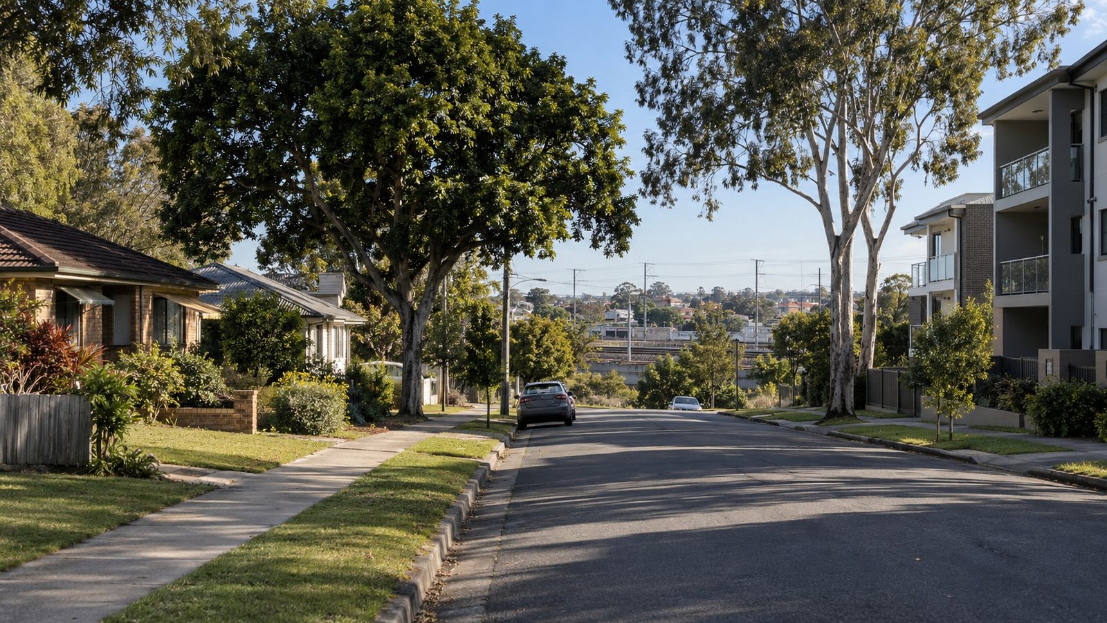 Established Logan-region residential street near a transport-connected town centre with mature greenery