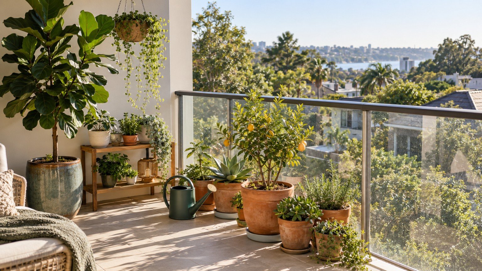 Container plants and pots arranged on an apartment balcony
