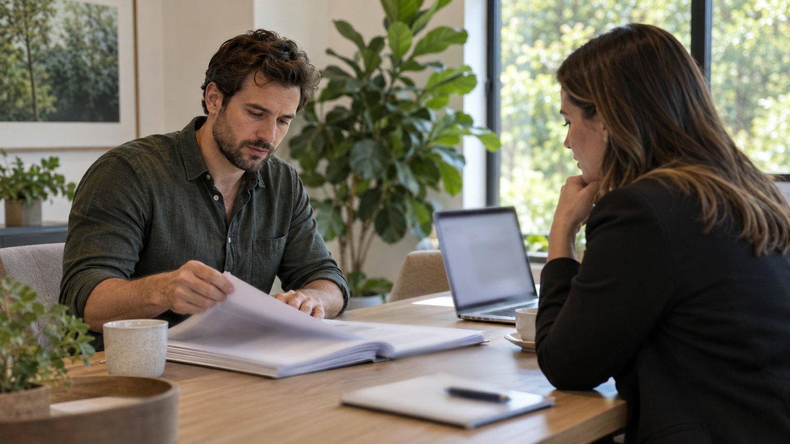 Buyer reviewing property paperwork with an adviser at a bright office table