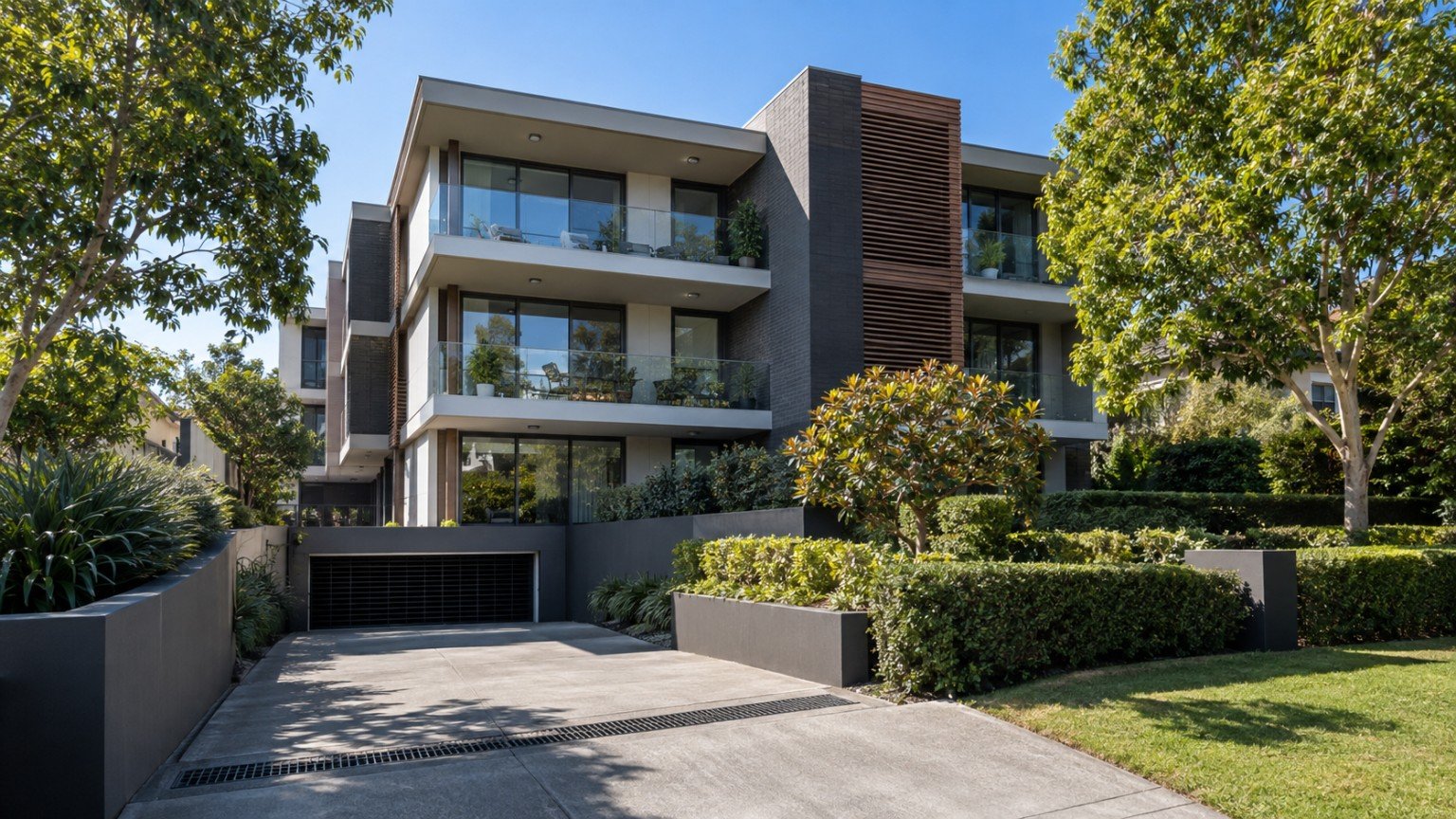 Modern low-rise apartment block with shared driveway and landscaped common areas