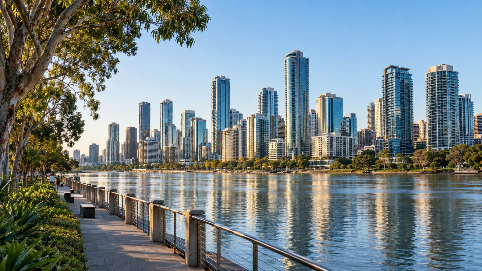 Brisbane city centre high-rise towers seen from the river with public riverside walkway