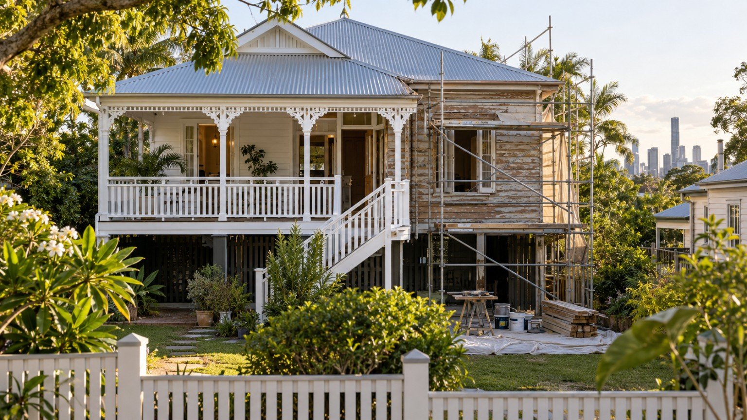 Traditional Brisbane character Queenslander mid-renovation with scaffolding and restored timber detailing