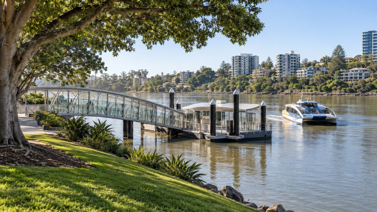 Modern Brisbane River ferry terminal with a CityCat approaching the pontoon