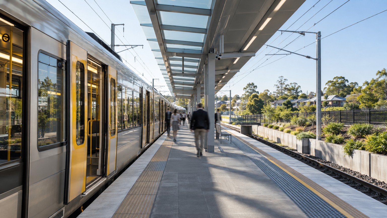 Brisbane suburban train station platform with a commuter train arriving